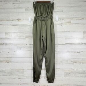 Rue 21 Olive Green Strapless Satin Jumpsuit Pockets Smocked Waist‎ Casual Size M